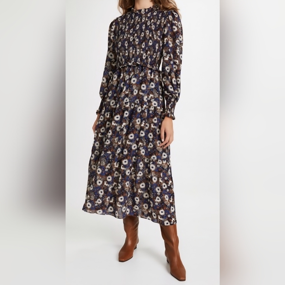 Women's Small By the River Dress Long Sleeves Prairie Floral Blue Daisy Midi